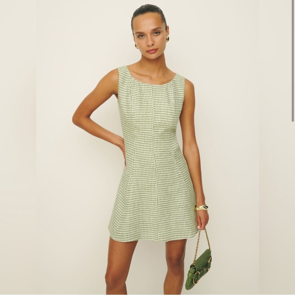 Reformation’s Amorette Linen Dress in Avocado Check